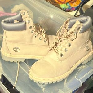 Timberland Light Beige Nubuck Work Boots with Dark Gray Collar